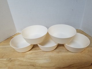 New Set of 5 White Bowls, plastic, 9 in