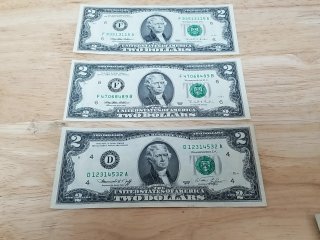 Set of 3 US $2 Bills, 1995, 1976, 1995