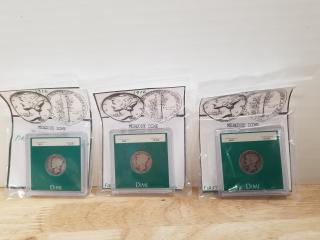 3 Mercury silver dimes, all 1916