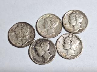 5 silver Mercury dimes