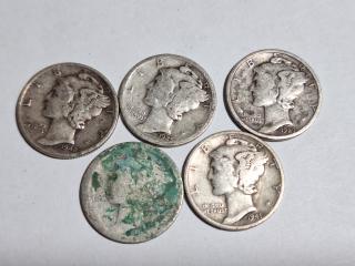 5 silver Mercury dimes