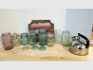 Vintage Glass canning Jars, Kettle, wall hanging 