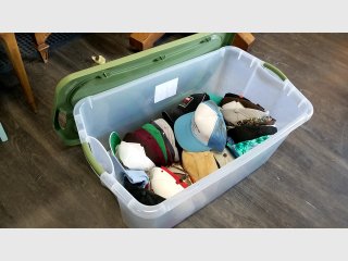 Bin of Assorted Hats, bin included 