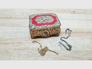 Ornate Red Jewelry Box with Chains