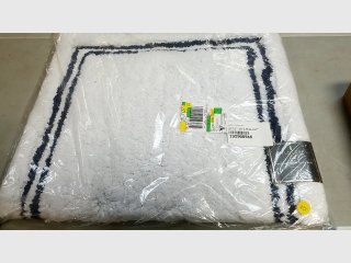 White Bath Mat with Navy Trim 34 by 21 inch 