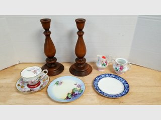 Vintage porcelain teacups saucers pitcher