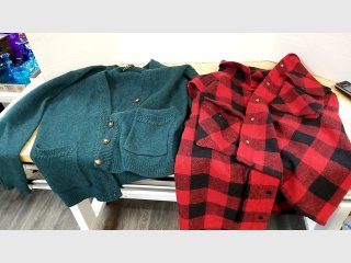 Green Cardigan & Red Plaid Jacket could not find sizes