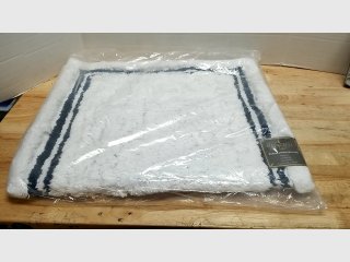 White Bath Mat with Navy Trim 34 by 21 inches 