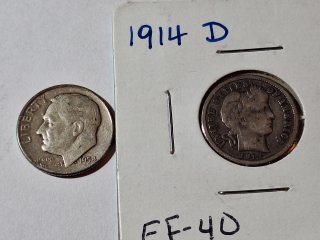 Silver 1914-D Barber dime and 1954 Roosevelt dime 