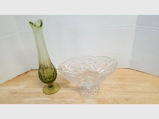 Green Glass Vase & Crystal Bowl