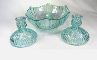 Iridized Aquamarine glass Fenton Bowl with matching Candlestick, attached f