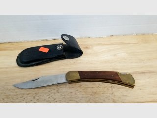 Folding Knife with Leather Sheath, blade chipped, 9 inch
