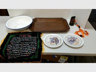 Enamel dish, tray, plates, and misc 