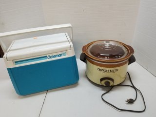 Crockpot and cooler, cooler approx 12 by 10 by 9 inch