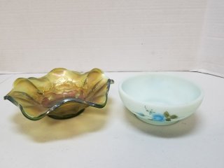 Carnival glass 7 by 2 inch, signed painted dish, exc cond 