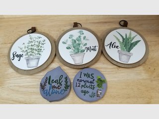 Set of 5 Herb Plant Wood and plaster Signs,5 and 3 inch