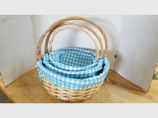 Set of 3 Blue Gingham Wicker Easter Baskets, 9, 12, 14 inch. new