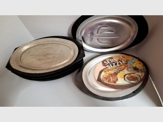 Heavy Aluminum platter with insulating holder for steaks, one set is new
