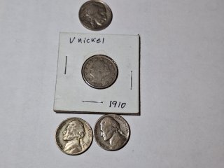 1910 V nickel, 1937 Buffalo nickels, 1945 and 1943 Wartime nickels 