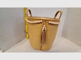 Tan Fabric Basket with Wood Beads & Tassels