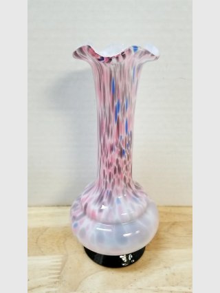 Pink and Blue Speckled Glass Vase, 9 in, exc cond