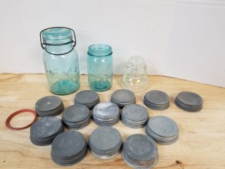 Vintage canning jars/lids and insulator 