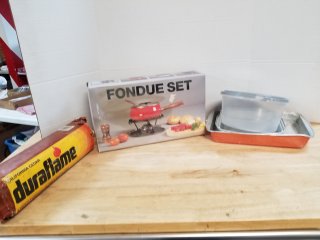 Fondue set, pans, duraflame 