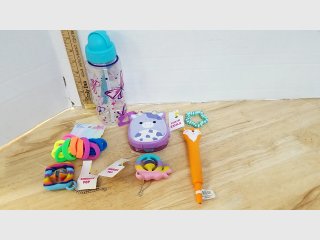 Squeeze Pop toys, Hair Coil, Water Bottle, Fox pen, misc