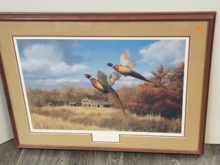 Signed/numbered print, some water damage,  approx 30 by 24 inch 
