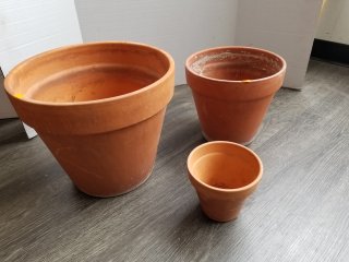 Clay planter pots, largest approx 15 by 12 inch
