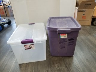 Pair of totes with lids, 18 gallon and 66 quart 