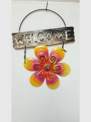 Welcome Metal Hanging Sign w/ Flower