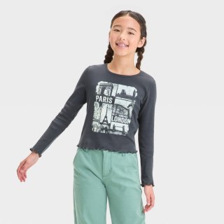 New Girls\' Long Sleeve Fitted Graphic T-Shir, L 10/12