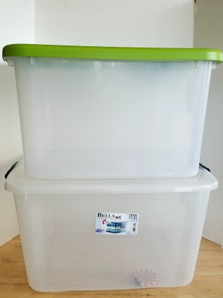 Clear Storage Bins with Green Lids, 76 qt, lids, good cond