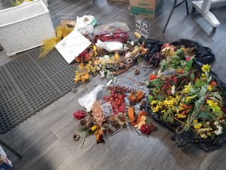 BASKET and artificial flowers, decor, signs