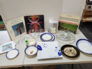 DISHES, records, play yard fitted sheets