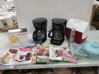 tote with COFFEE pots, mixer, cookbooks