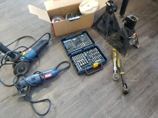 RYOBI tools, drill bits, stanley ratchets, jack stands 