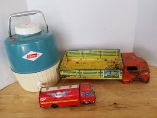 Old toys with missing parts, Coleman cooler 
