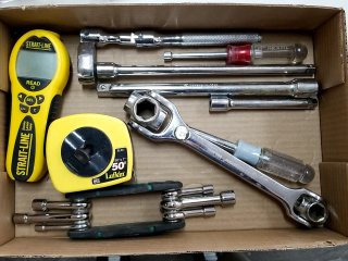 Box of Hand Tools and Measuring Devices