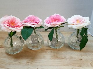 New Four Pink-White Roses in Glass Vases, 6 in