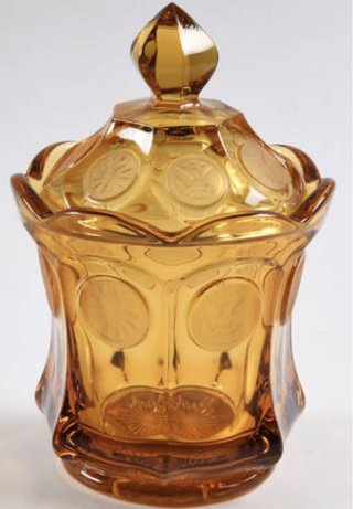 Fostoria glass amber Coin Candy Jar with lid, 6 inch