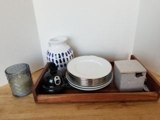 Wood tray with household items 