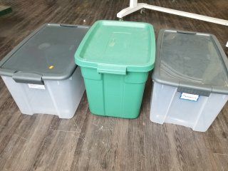3 Totes with lids, the green approx 24 by 16 by 16 inch 