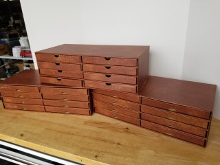 Plate storage boxes, each approx 19 by 9, by 6 inch 