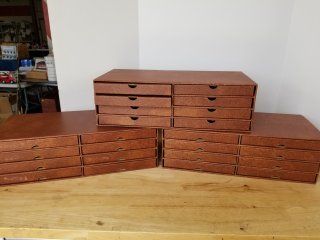 Plate storage boxes, each approx 19 by 9, by 6 inch 