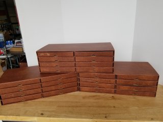Plate storage boxes, each approx 19 by 9, by 6 inch 