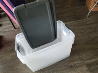 3 totes with lids, each 26 by 16 by 15 inch 