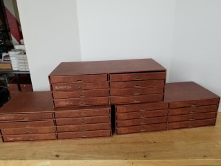 Plate storage boxes, each approx 19 by 9, by 6 inch 