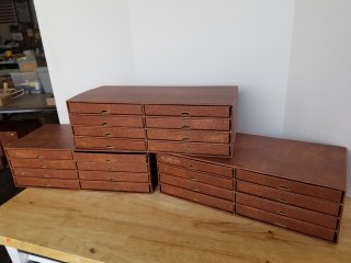 Plate storage boxes, each approx 19 by 9, by 6 inch 